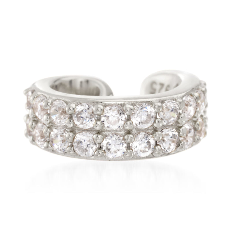 Sterling silver CZ ear cuff with round clear stones in a wide band
