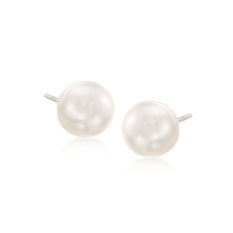 Sterling silver shell pearl drop earrings with two white round pearls and stud posts