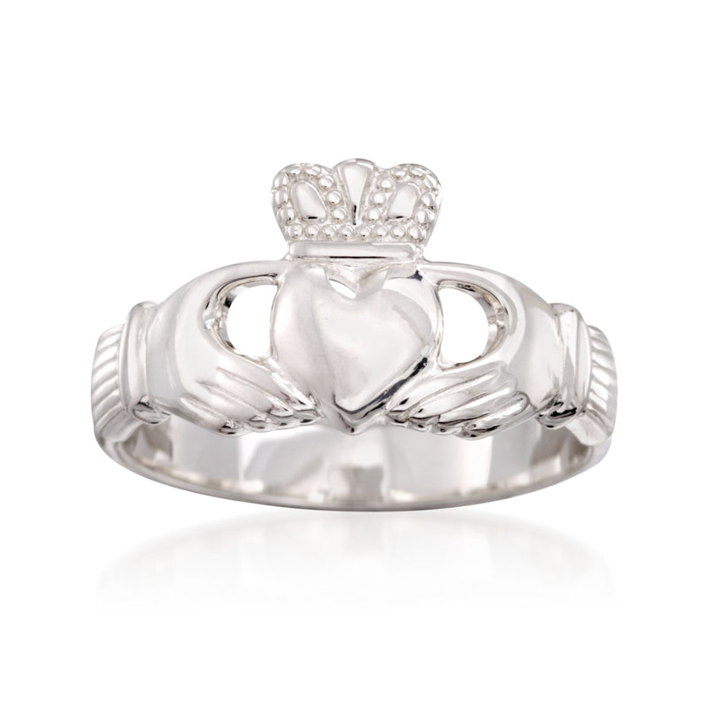 Sterling silver Claddagh ring with heart, crown, and braided band