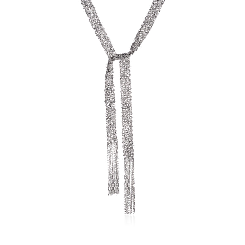 Sterling silver mesh tie necklace with long tassel fringes