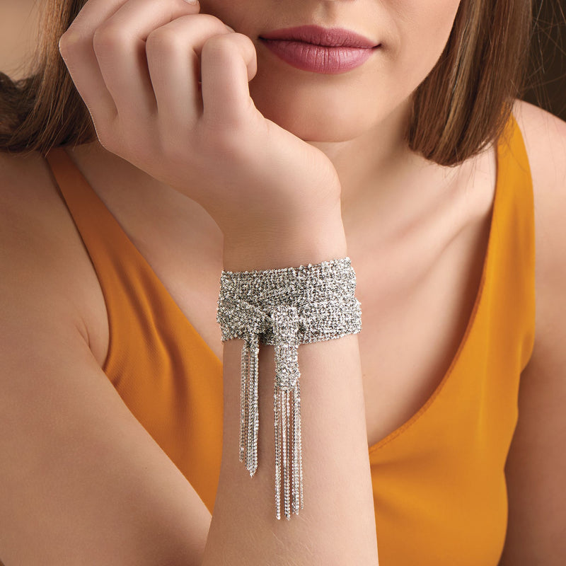 Sterling silver mesh tie cuff with dangling tassel strands