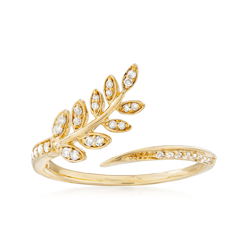 14kt yellow gold diamond leaf bypass ring with round stones