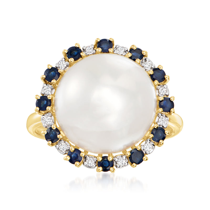 14kt yellow gold ring with round white pearl, blue sapphires and diamond accents