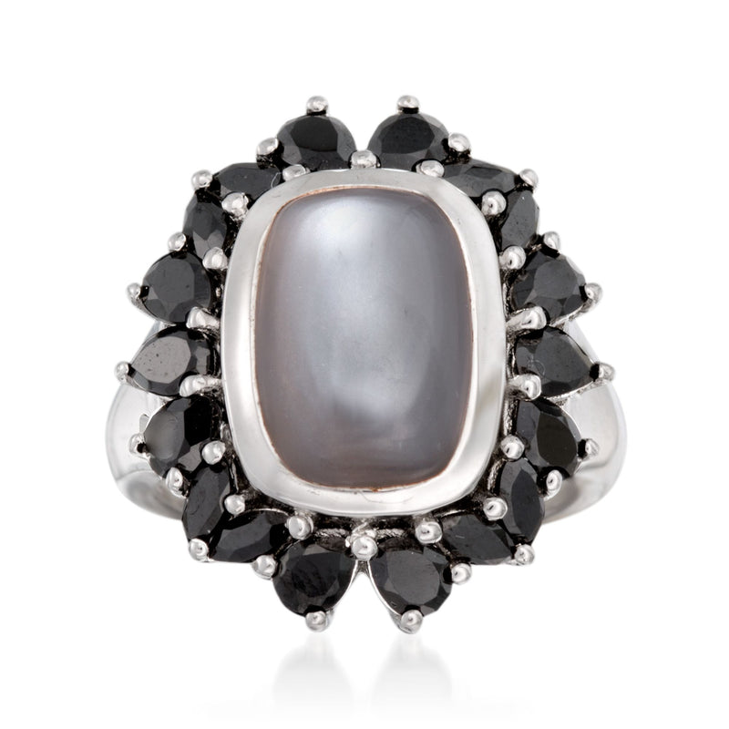 Oval gray cabochon ring in sterling silver with black gemstone halo