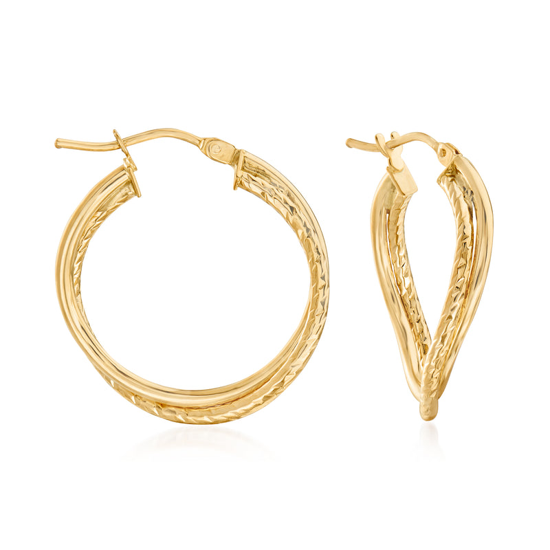 14kt yellow gold double-hoop earrings with textured detail and hinged clasp