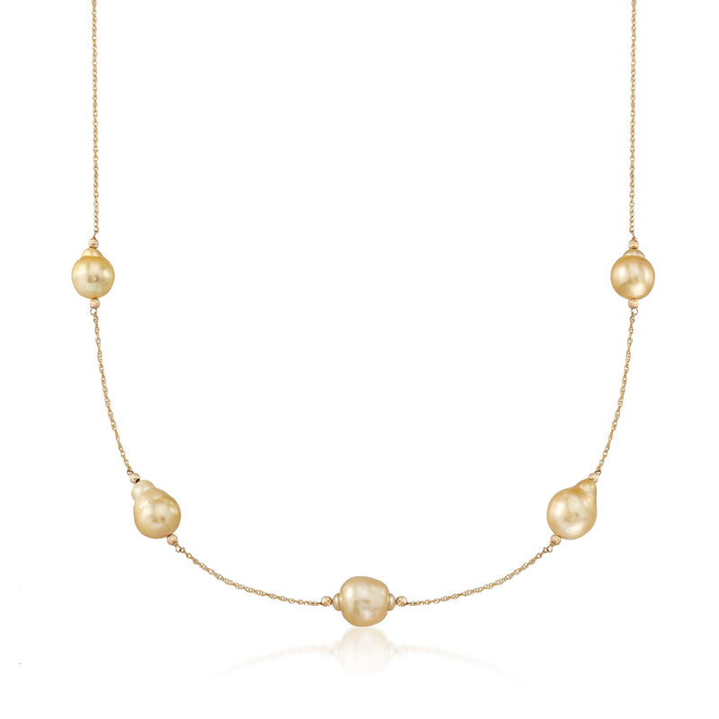 14kt yellow gold pearl station necklace with baroque golden cultured pearls on chain