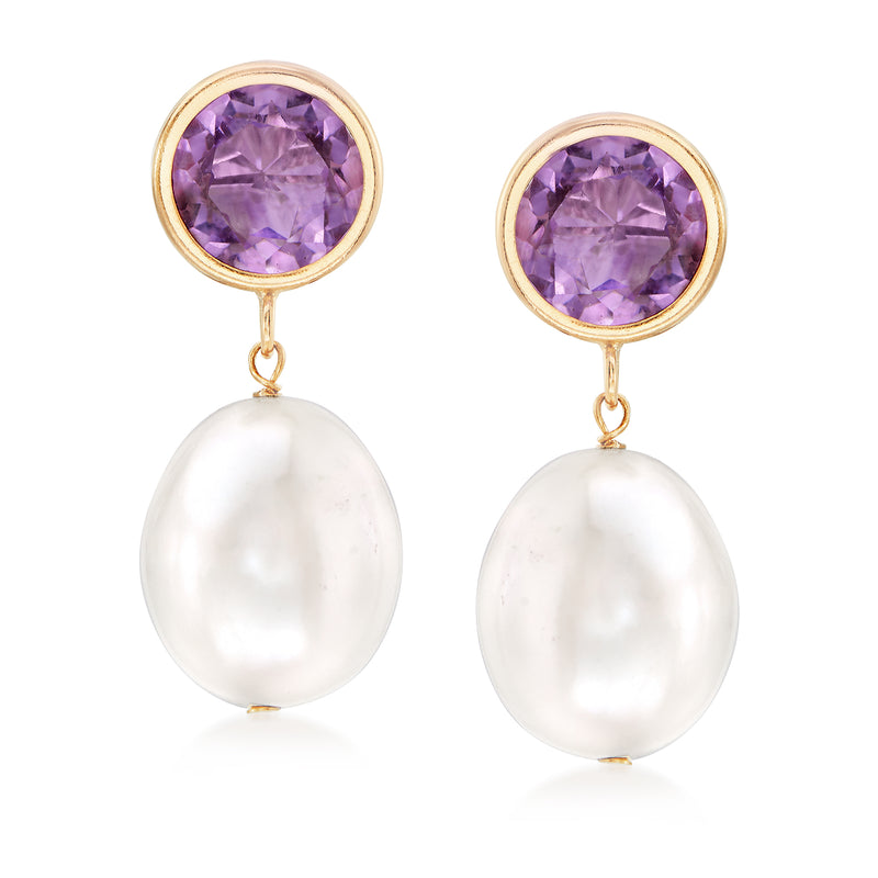 Yellow gold drop earrings with round amethyst and white cultured pearl drops