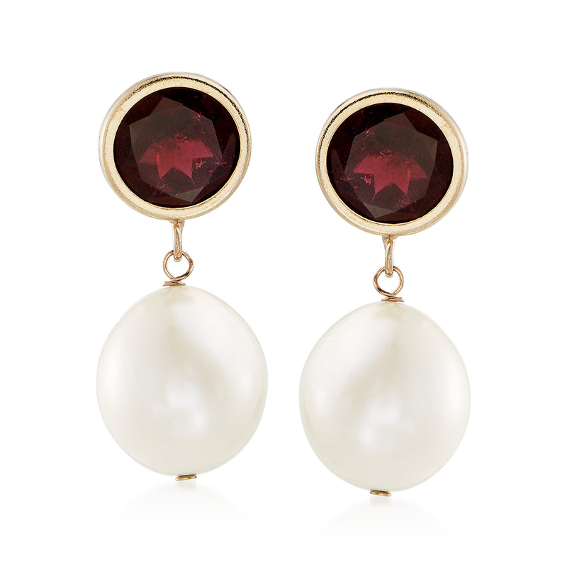 Yellow gold drop earrings with red garnet gemstones and white cultured pearl drops