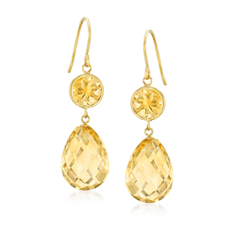Gold drop earrings with round and teardrop citrine gemstones, earwire hooks.