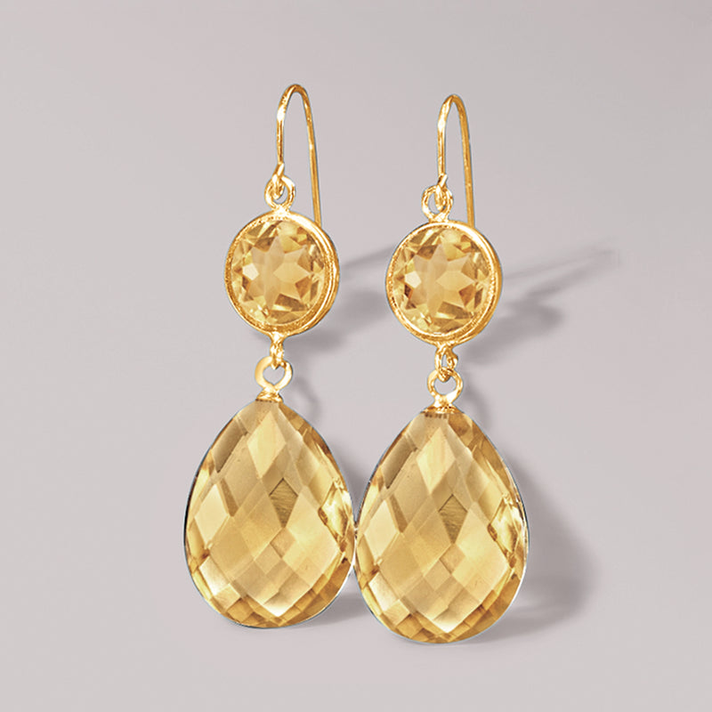 Gold drop earrings with round citrine top and faceted teardrop dangle on hooks.
