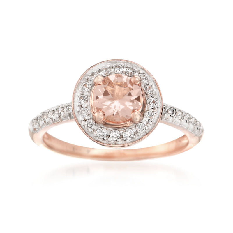 Morganite halo ring in rose gold over sterling with white zircon accents