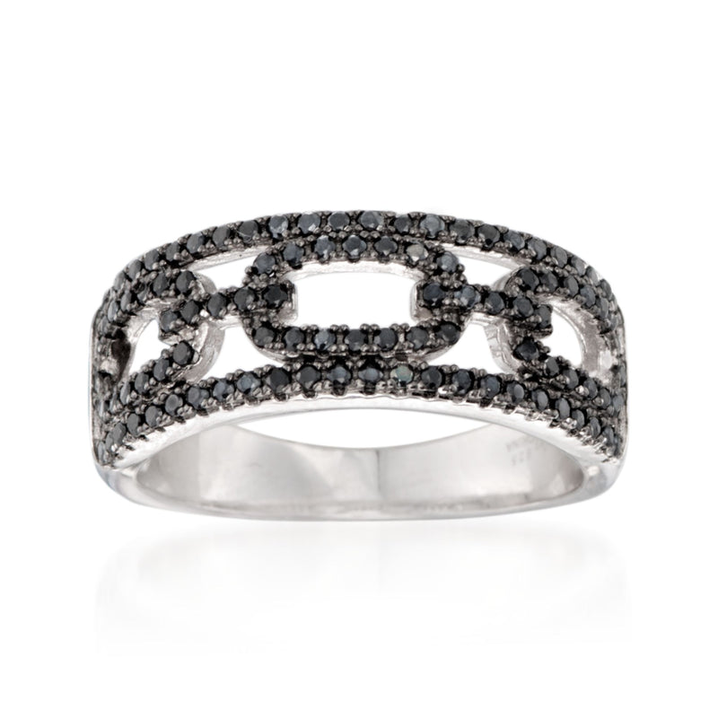 Sterling silver black spinel link ring with oval halo center