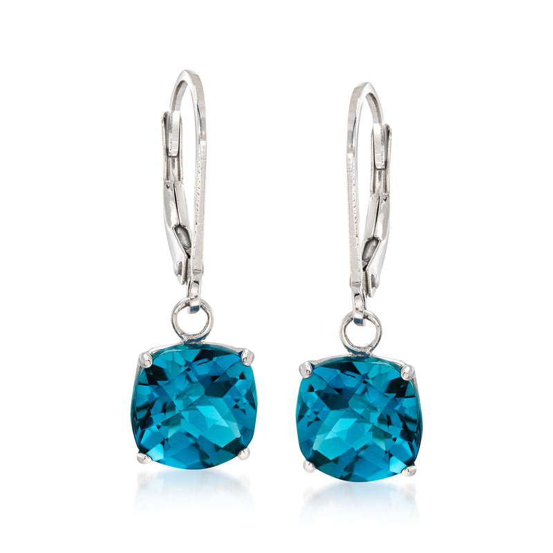 Sterling silver leverback drop earrings with London blue topaz cushion-cut stones