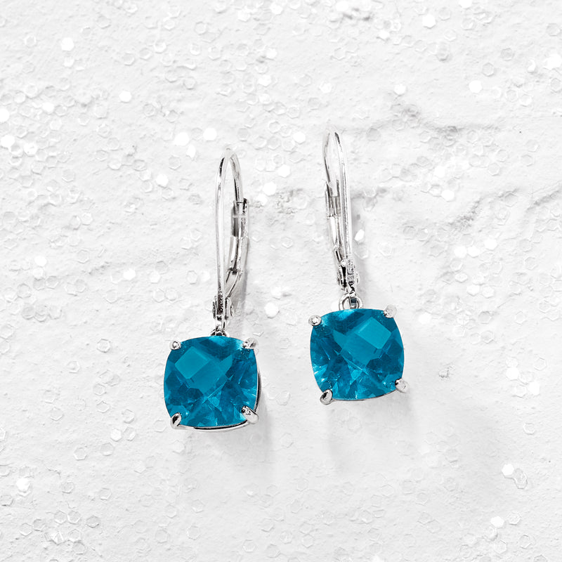 Sterling silver leverback drop earrings with square blue topaz stones