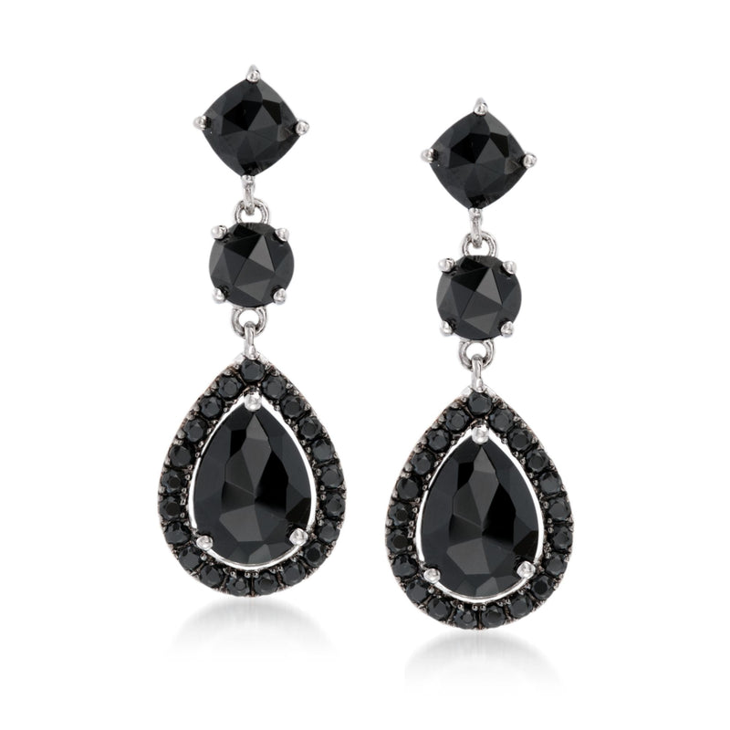 Sterling silver drop earrings with black spinel and teardrop crystals, dangling design