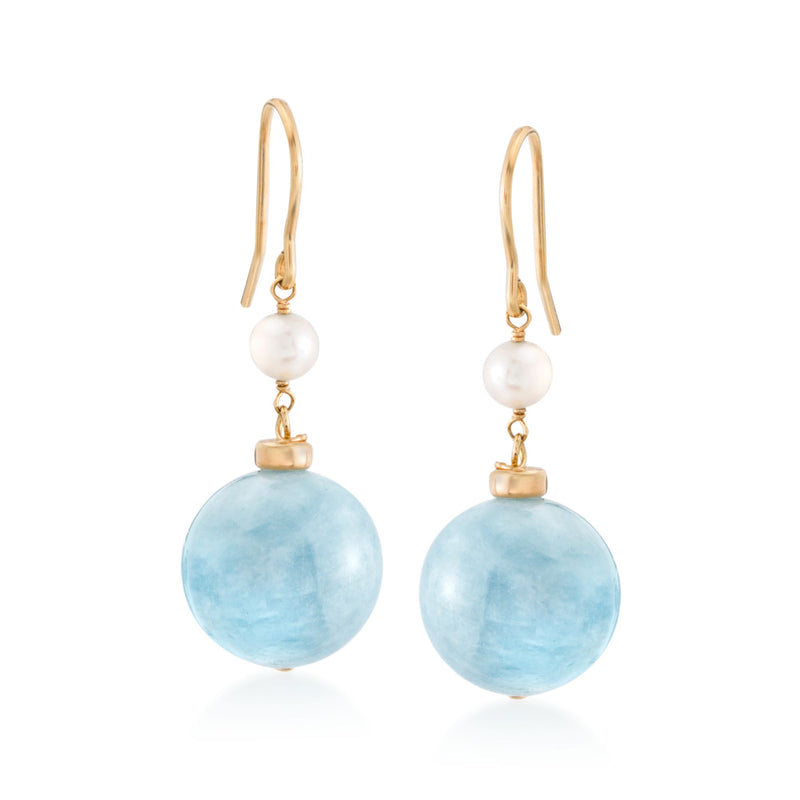 Gold drop earrings with white cultured pearls and round blue aquamarine stones