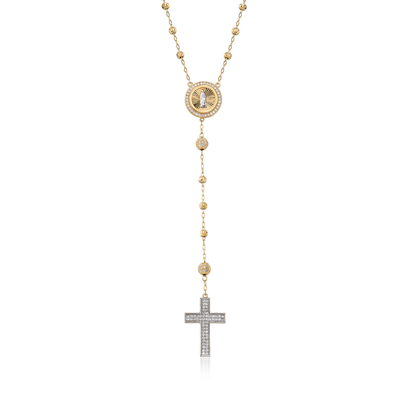 Gold-tone rosary bead station necklace with round Saint Mary medallion and cross pendant