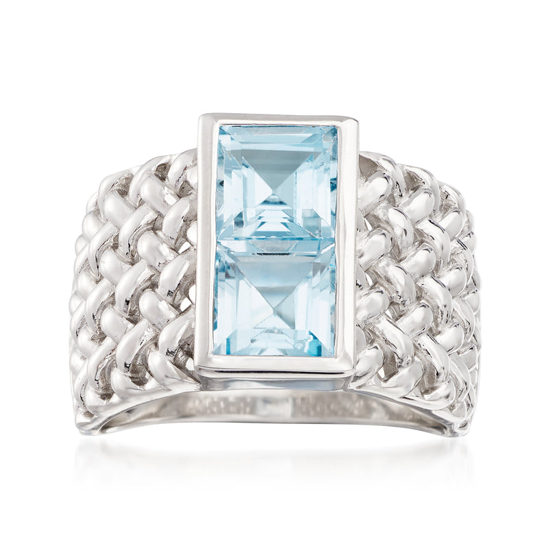 Sterling silver woven ring with rectangular sky blue topaz gemstone, square setting