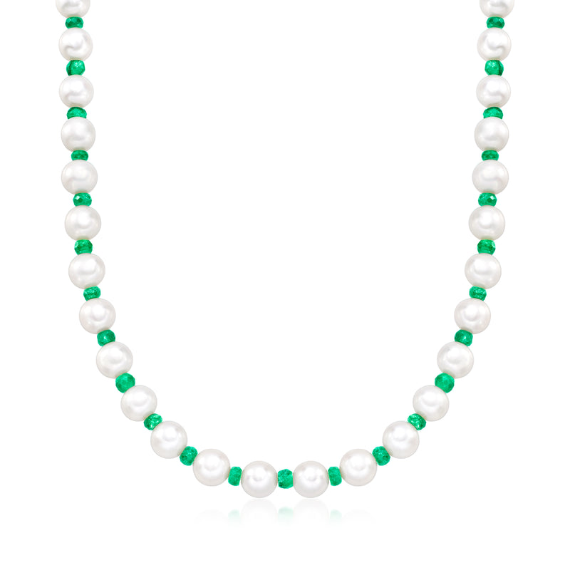 Cultured pearl and green emerald bead necklace with white pearl beads