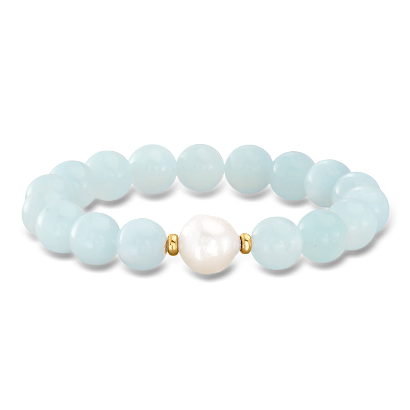 Aquamarine bead stretch bracelet with baroque cultured pearl and 14kt yellow-gold accents