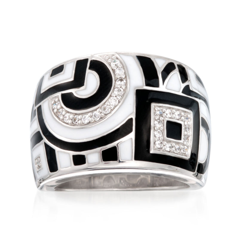 Sterling silver dome ring with black geometric enamel and sparkling CZ accents