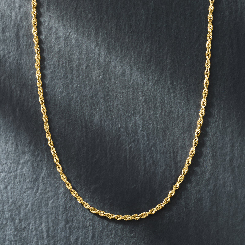 14k yellow gold twisted rope chain necklace, flat lay close-up of links