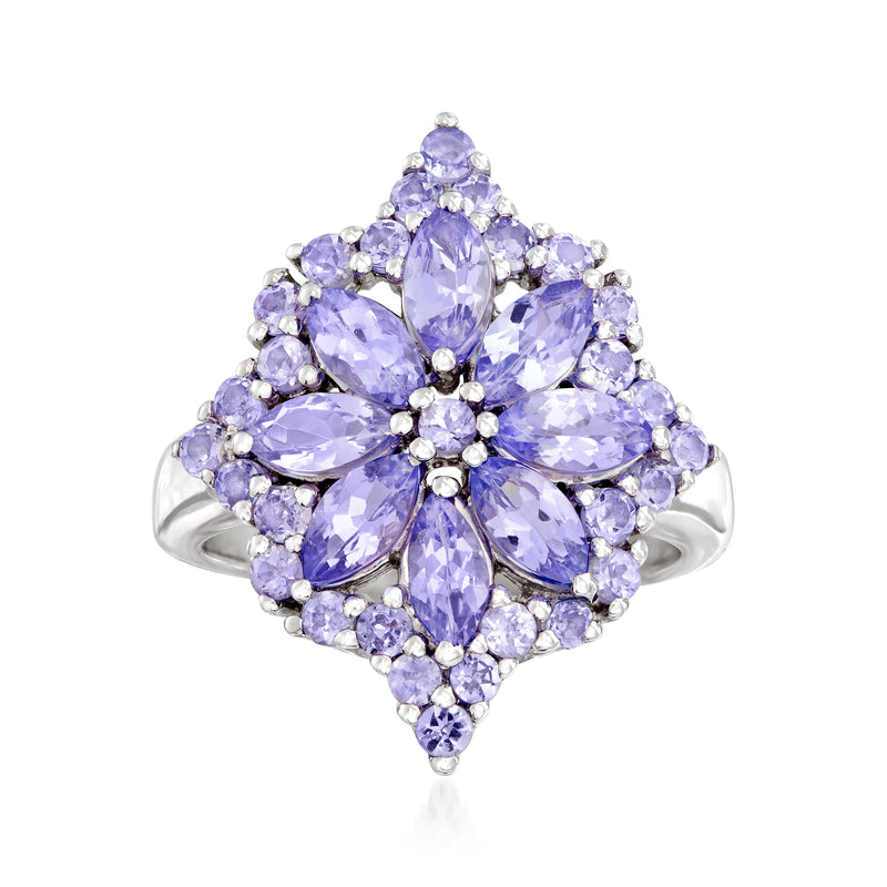Sterling silver tanzanite flower burst ring with marquise and round stones