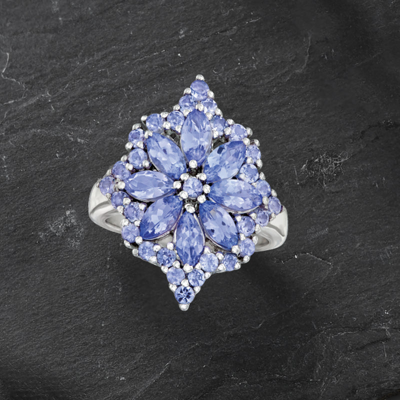 Sterling silver tanzanite flower burst ring with marquise and round stones