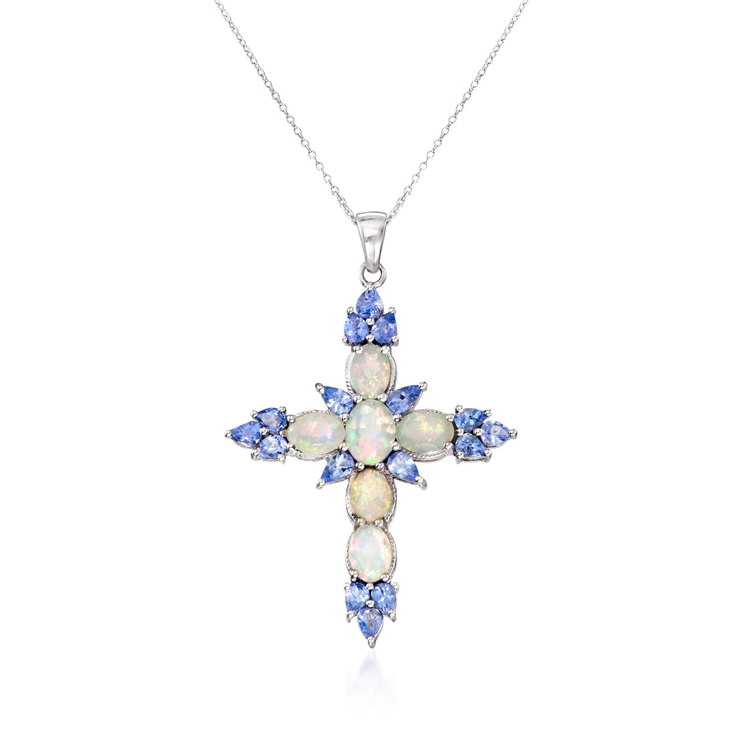 Ethiopian Opal and 2.60 ct. t.w. Tanzanite Cross Pendant Necklace in Sterling Silver