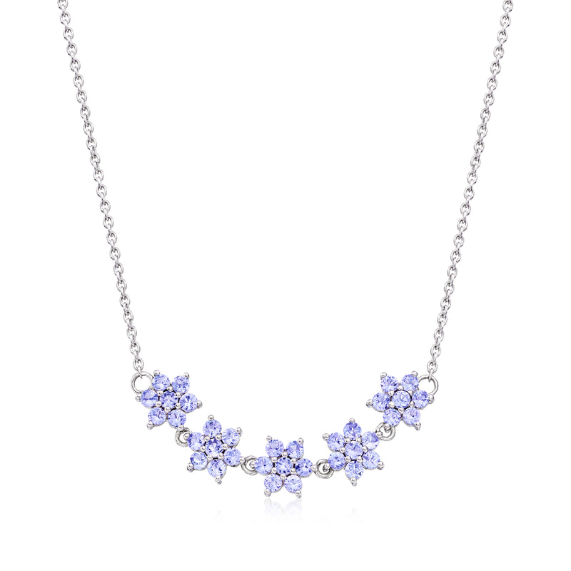 Sterling silver floral tanzanite necklace with round blue gemstone clusters on chain