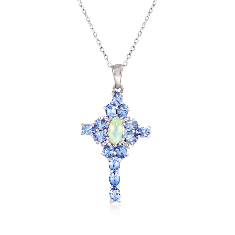 Sterling silver cross necklace with oval opal center and blue gemstone accents