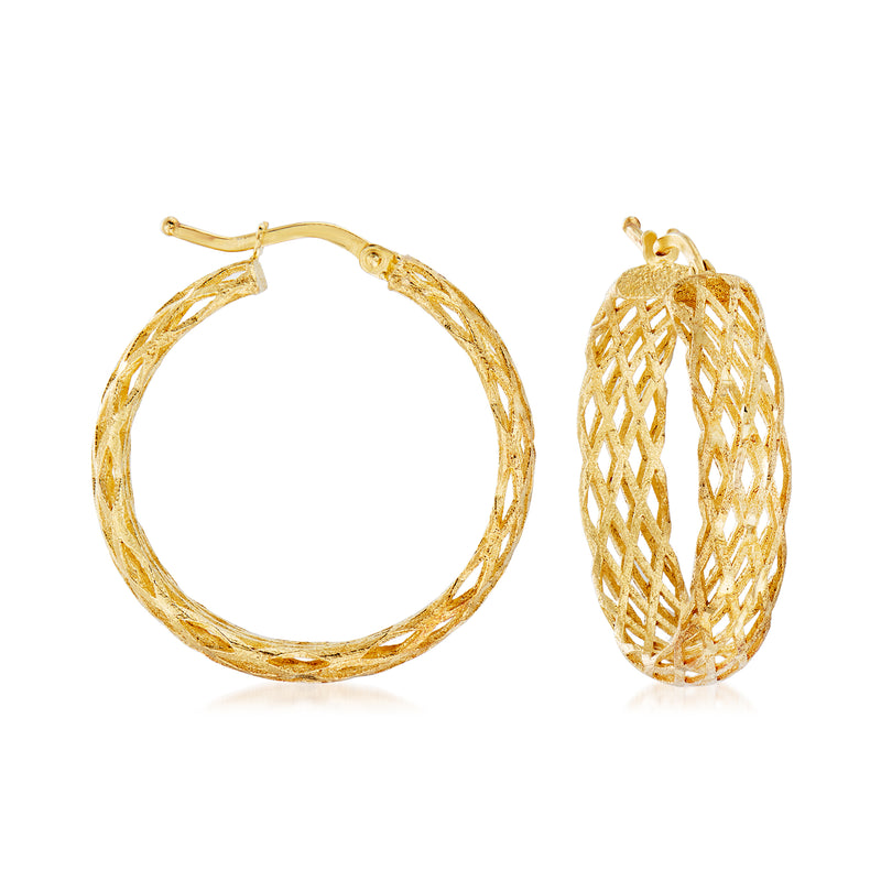 Gold over sterling lattice hoop earrings with textured mesh pattern