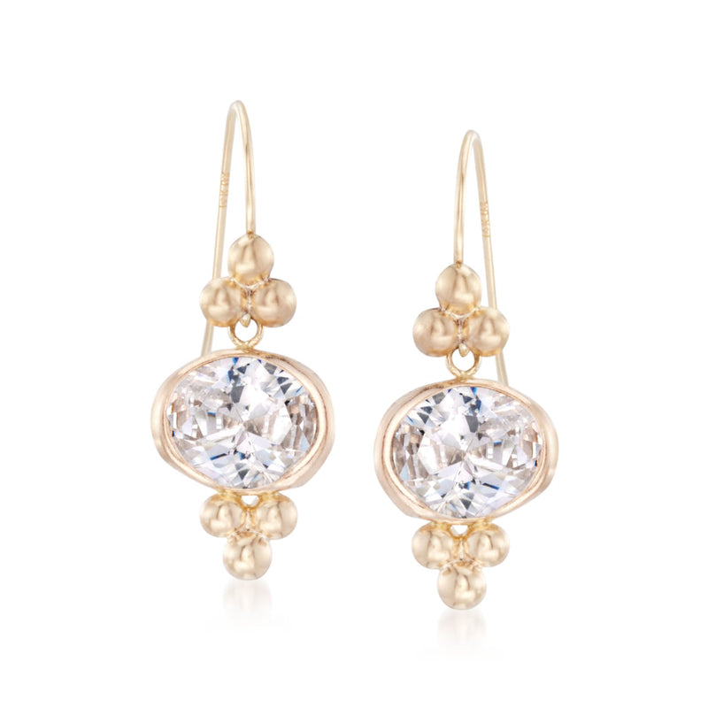 14kt yellow gold CZ drop earrings with round bezel-set stone and beaded charms