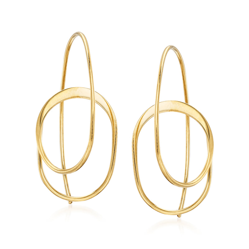 14kt yellow gold curled oval drop earrings with open loop design and earwire hooks