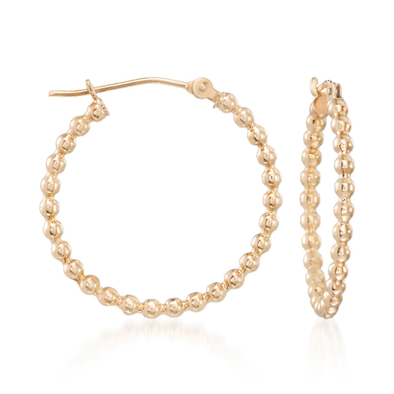 14kt yellow gold beaded hoop earrings with round bead texture