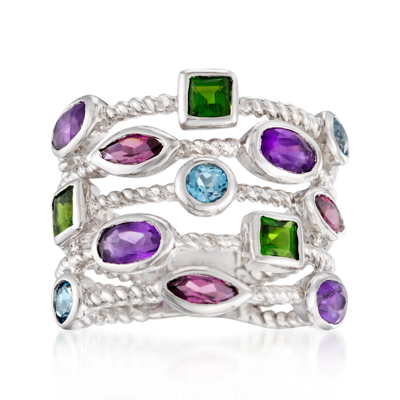 Sterling silver five-row ring with oval and square multi-color gemstones, openwork band