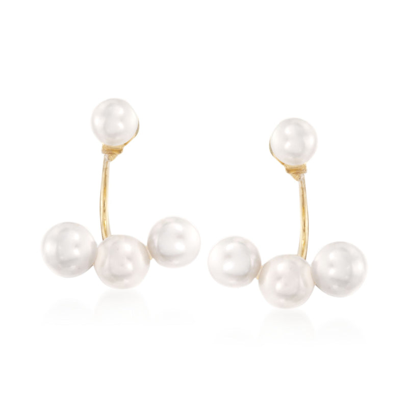 Cultured pearl post earrings, round white pearls with gold-tone links