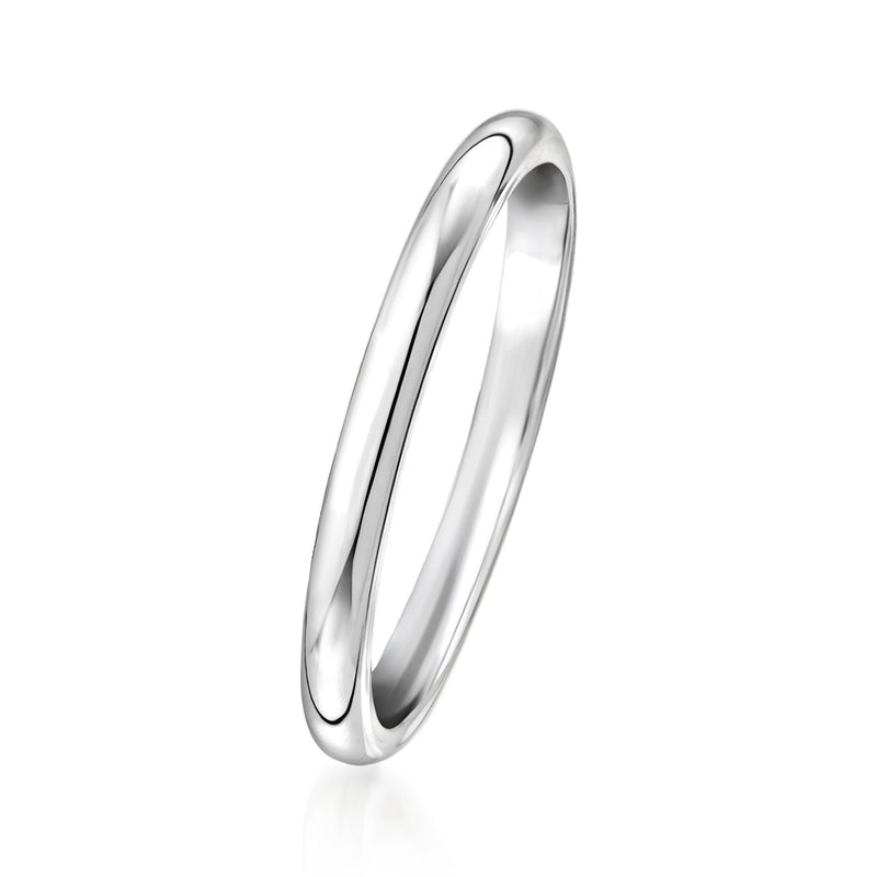 Women's 2mm platinum band ring, slim polished oval profile, side view
