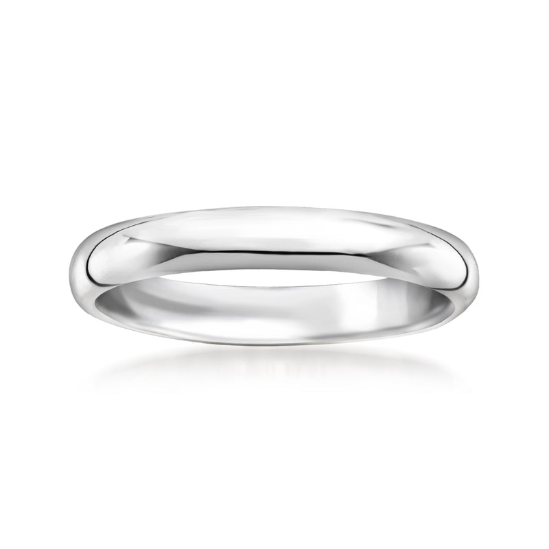 Thin platinum wedding band ring with smooth domed profile, 3 mm width