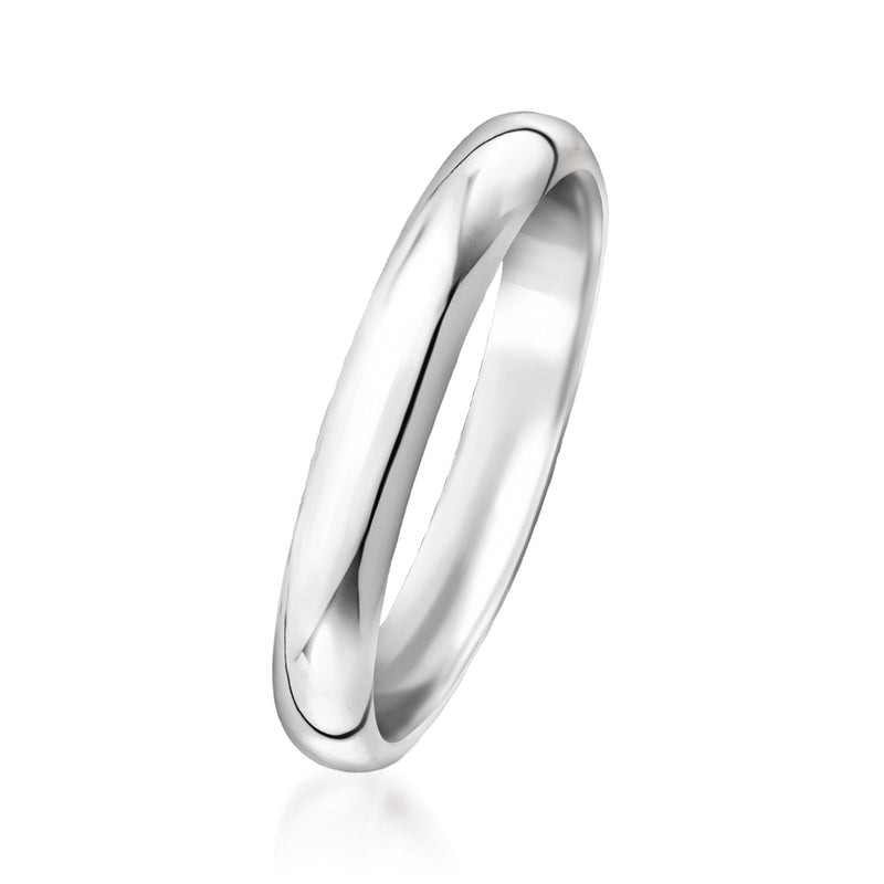Polished platinum band ring, smooth interior and rounded edge, 3 mm width
