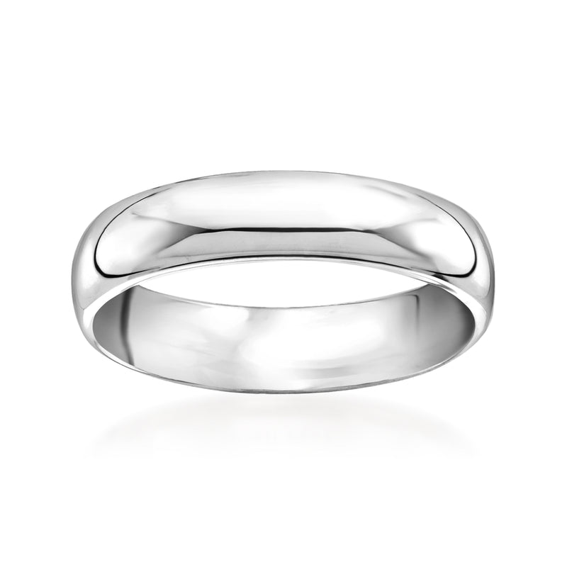 Polished men's platinum wedding band with smooth rounded edges, shiny metal finish