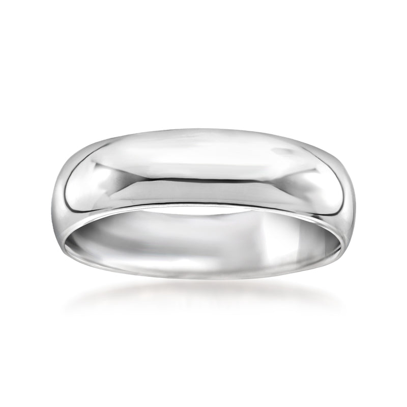 6mm platinum wedding band, polished silver tone with smooth rounded edges