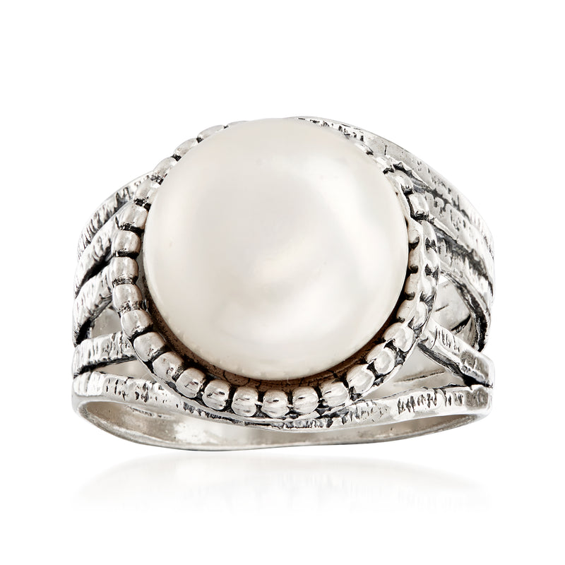 Sterling silver ring with large round cultured pearl setting