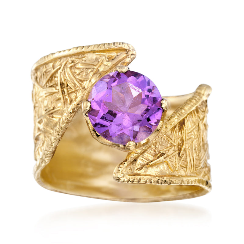 18kt gold over sterling bypass ring with oval purple amethyst gemstone, ornate band
