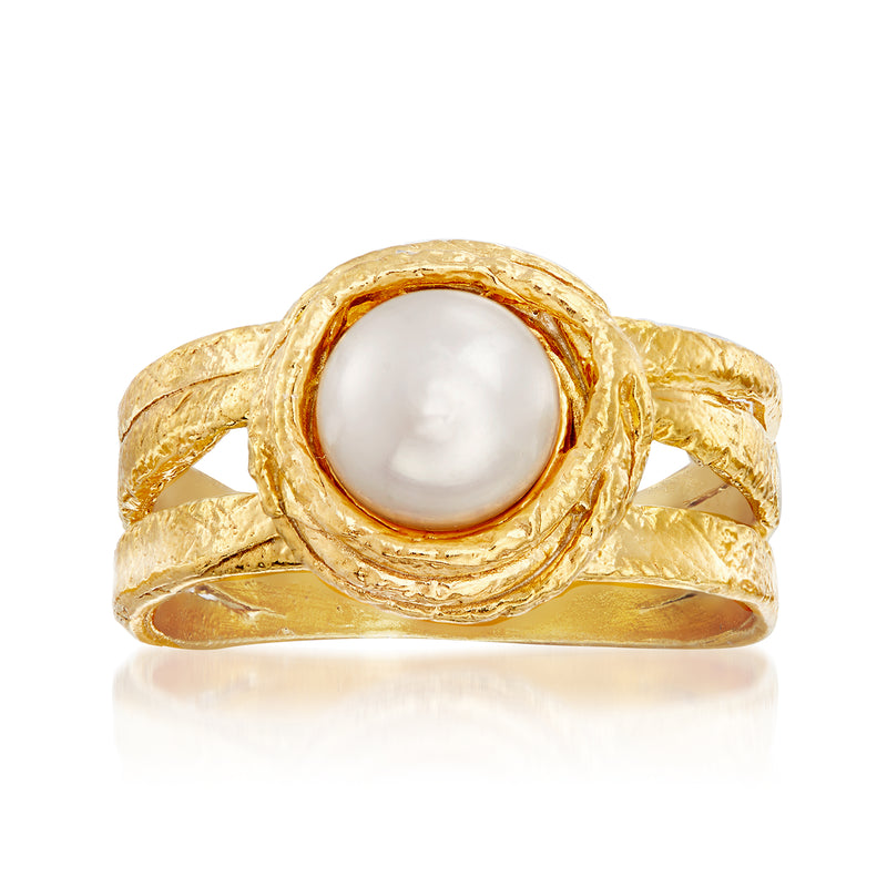 Cultured pearl ring in 18kt gold over sterling with round white pearl, high-polish band