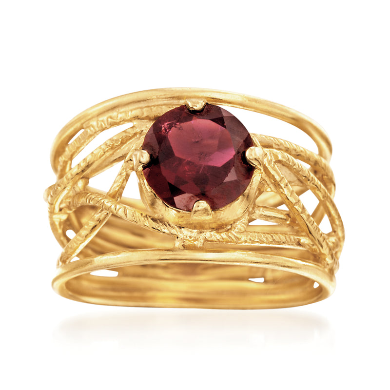 Garnet openwork ring in 18kt yellow gold over sterling silver, oval faceted gemstone