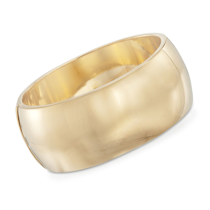 Gold over sterling silver bangle bracelet, smooth oval band with polished finish