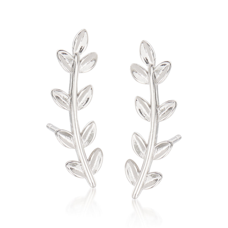 Sterling silver vine leaf ear climber post earrings, pair
