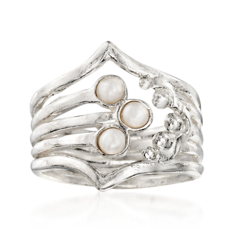 Sterling silver open shield ring with three white cultured pearls, scalloped wire design