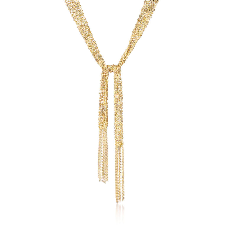 Gold mesh tie necklace with long tassel drops and V-loop pendant